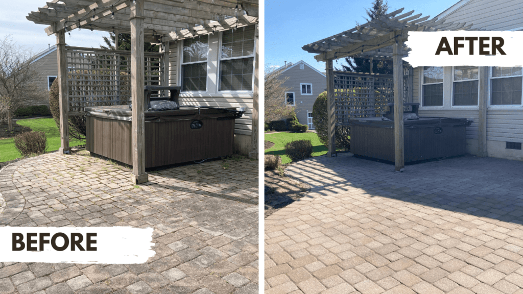 Before and after images showing landscaping transformation. 'Before' image depicts a patio with weathered pavers and a pergola; 'After' shows the same view with refreshed, clean paving stones and the same pergola, indicating a revitalized outdoor space by CKC Landscaping.