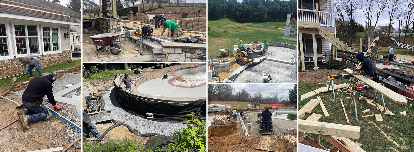 A collage of six photos displaying various stages of a landscaping project by CKC Landscaping. Images show workers engaged in tasks such as laying down concrete foundations, constructing stone walls, preparing curved walkways, and building wooden structures in an outdoor setting with homes and greenery in the background.