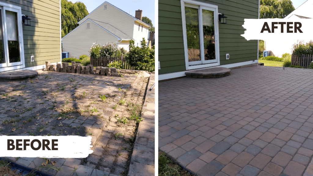 Before-and-after comparison of a backyard patio upgrade by CKC Landscaping. 'Before' photo shows an old, overgrown patio area with pavers and weeds; 'After' photo showcases a neat, newly installed patio with uniform pavers and a tidy appearance, enhancing the home’s outdoor space.